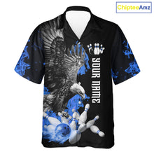 Load image into Gallery viewer, Custom Blue Flame Black Eagle Bowling Hawaiian Shirt, Team Bowling Button up Clothes NQS11501