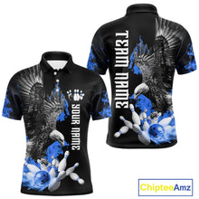 Load image into Gallery viewer, Custom Blue Flame Black Eagle Bowling Polo, Quarter Zip Shirt For Men, Team Bowling Clothes NQS11501