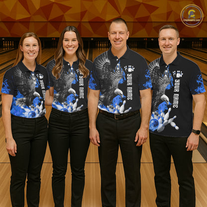 Custom Blue Flame Black Eagle Bowling Polo, Quarter Zip Shirt For Men, Team Bowling Clothes NQS11501