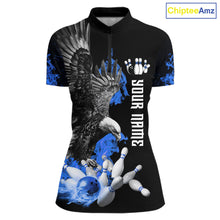 Load image into Gallery viewer, Custom Blue Flame Black Eagle Bowling Polo, Quarter Zip Shirt For Women, Team Bowling Clothes NQS11501