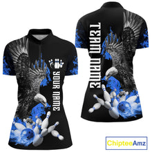 Load image into Gallery viewer, Custom Blue Flame Black Eagle Bowling Polo, Quarter Zip Shirt For Women, Team Bowling Clothes NQS11501