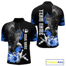 Load image into Gallery viewer, Custom Blue Flame Black Eagle Bowling Polo, Quarter Zip Shirt For Men, Team Bowling Clothes NQS11501