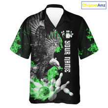Load image into Gallery viewer, Custom Green Flame Black Eagle Bowling Hawaiian Shirt, Team Bowling Button up Clothes NQS11502