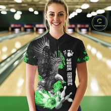 Load image into Gallery viewer, Custom Green Flame Black Eagle Bowling Polo, Quarter Zip Shirt For Women, Team Bowling Clothes NQS11502