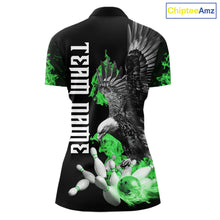 Load image into Gallery viewer, Custom Green Flame Black Eagle Bowling Polo, Quarter Zip Shirt For Women, Team Bowling Clothes NQS11502
