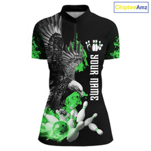 Load image into Gallery viewer, Custom Green Flame Black Eagle Bowling Polo, Quarter Zip Shirt For Women, Team Bowling Clothes NQS11502