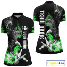 Load image into Gallery viewer, Custom Green Flame Black Eagle Bowling Polo, Quarter Zip Shirt For Women, Team Bowling Clothes NQS11502