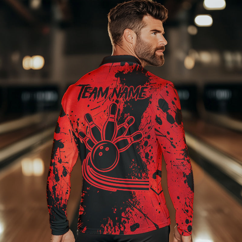 Black and Red Mens Bowling Polo, Quarter Zip Shirts Custom Bowling Team League Jerseys NQS9569
