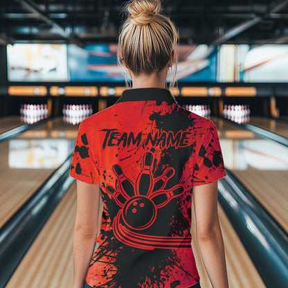 Black and Red Womens Bowling Polo, Quarter Zip Shirts Custom Bowling Team League Jerseys NQS9569