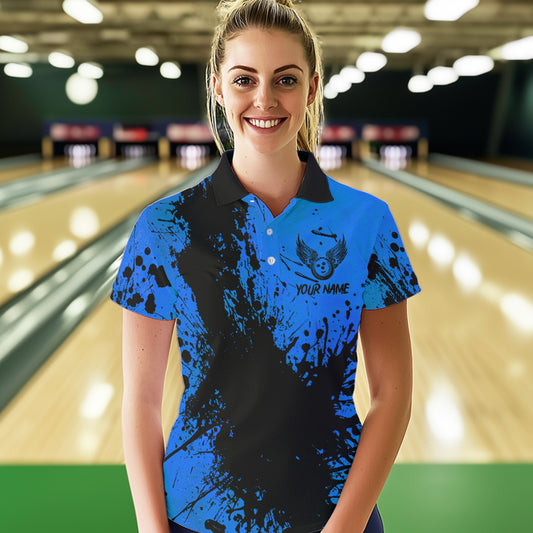 Black and Blue Womens Bowling Polo, Quarter Zip Shirts Custom Bowling Team League Jerseys NQS9571