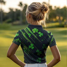 Load image into Gallery viewer, Personalized Black &amp; Green Clover pattern Women golf polo shirt Custom St Patrick Day ladies golf wear NQS9574