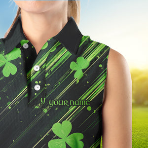 Personalized Black & Green Clover pattern Women sleeveless polo shirt St Patrick Day ladies golf wear NQS9574