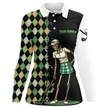 Load image into Gallery viewer, Black Womens golf polo shirts green argyle pattern custom golf skull team ladies golf shirt NQS7661
