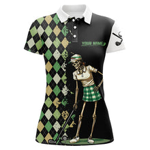 Load image into Gallery viewer, Black Womens golf polo shirts green argyle pattern custom golf skull team ladies golf shirt NQS7661