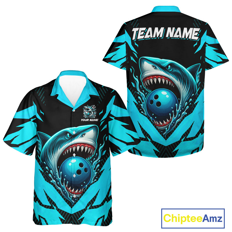 Black and Blue Bowling Hawaiian shirt Custom Blue Shark bowling team button up shirt, gifts for bowler NQS9991