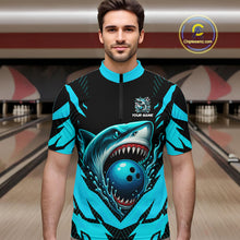 Load image into Gallery viewer, Black and Blue Mens bowling shirts Custom Blue Shark bowling team  jerseys, gifts for bowlers NQS9991