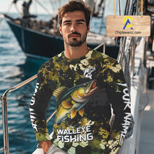 Load image into Gallery viewer, Yellow Camo Walleye fishing sun shirts custom name fishing shirts long sleeve uv protection NQS10285