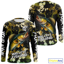 Load image into Gallery viewer, Yellow Camo Walleye fishing sun shirts custom name fishing shirts long sleeve uv protection NQS10285