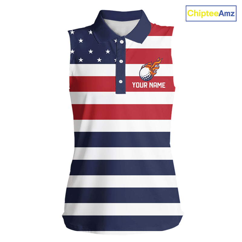 Custom American Flag Sleeveless Golf Polo Shirt, Personalized Patriotic Ladies Golf attire NQS10500