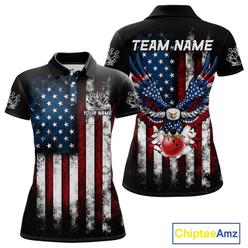 Vintage American Flag Eagle Black Bowling Shirts for Women Custom Patriotic Team Bowling Jerseys NQS10501