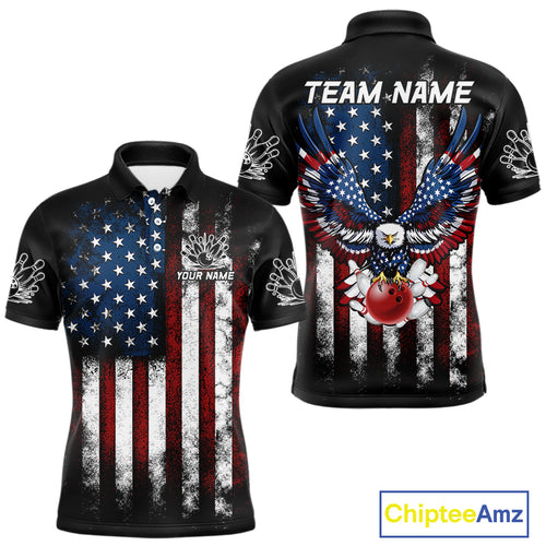 Vintage American Flag Eagle Black Bowling Shirts for Men Custom Patriotic Team Bowling Jerseys NQS10501