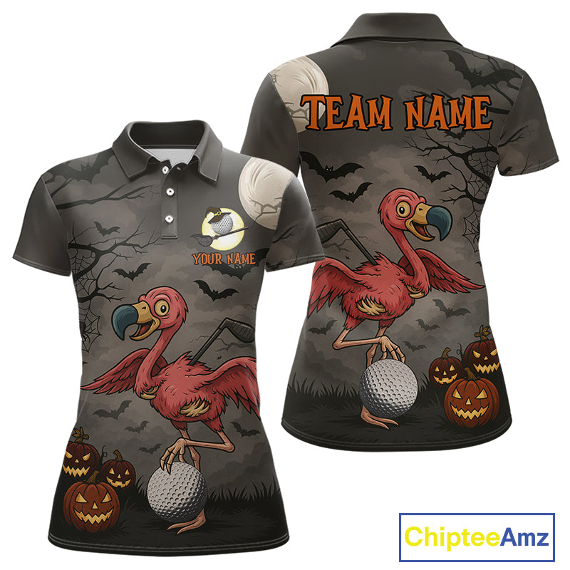 Funny Halloween Flamingo Pumpkin Golf Polo Shirt For Women Custom Halloween Ladies Golf Tops NQS10704