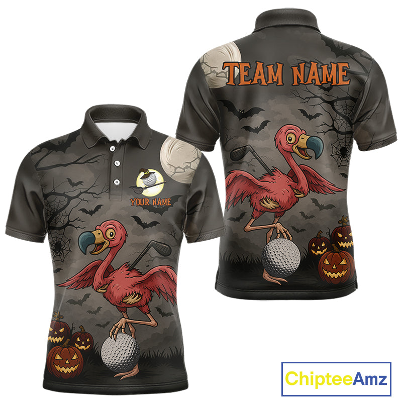 Funny Halloween Flamingo Pumpkin Golf Polo Shirt For Men Custom Halloween Mens Golf Tops NQS10704