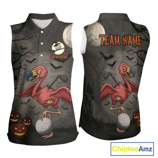Funny Halloween Flamingo Pumpkin Women Sleeveless Golf Polo Shirt Custom Halloween Ladies Golf Tops NQS10704
