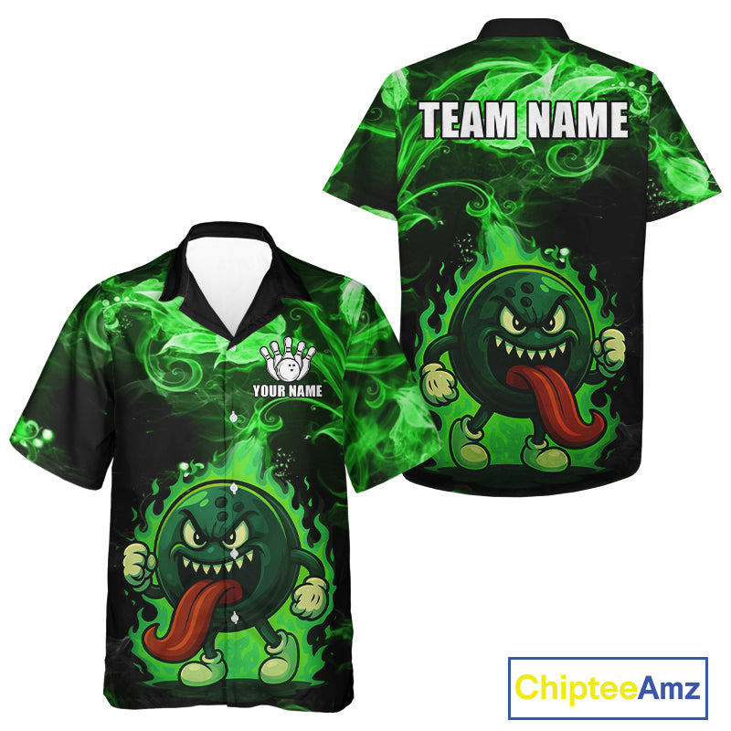 Personalized Funny Bowling Hawaiian Shirt Green Flame Custom Bowling Team Outfit, Gift For Bowlers NQS10909