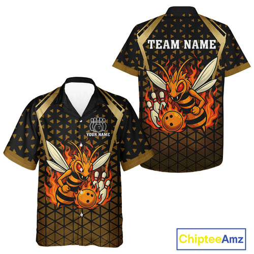 Custom Black and Gold Bee Bowling Hawaiian Shirt, Bee Bowling Team Bowlers Outfit NQS10911