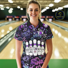 Load image into Gallery viewer, Custom Purple graffiti pattern Funny Bowling Polo, Quarter Zip Shirts For Women, Team Bowling Jersey NQS11099