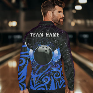 Black and Blue Camo Bowling Polo, Quarter Zip Shirts For Men Custom Team Bowling Jersey bowlers outfit NQS9417