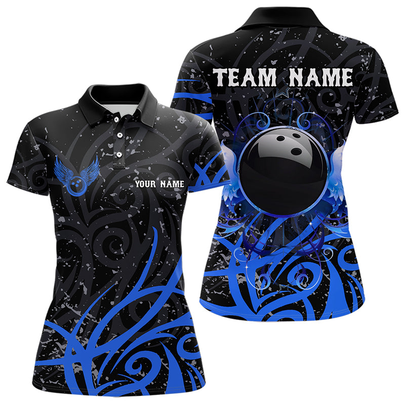 Black and Blue Camo Bowling Polo, Quarter Zip Shirt For Women Custom Team Bowling Jersey bowler outfit NQS9417