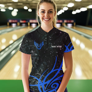 Black and Blue Camo Bowling Polo, Quarter Zip Shirt For Women Custom Team Bowling Jersey bowler outfit NQS9417