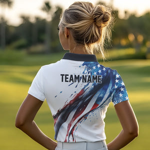 Red, White and Blue American flag Women golf polo shirts Custom name patriotic golf top for ladies NQS9419