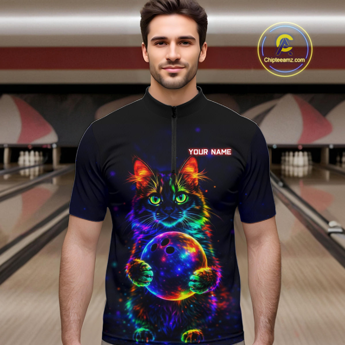 Neon Cat Bowling Jerseys for Men Custom Team Bowling Apparel, best bowling shirts NQS11516