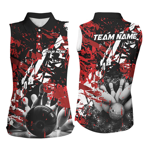 Black and red camo bowling ball and pins custom Women sleeveless Polo Shirts, team bowling jerseys NQS7507