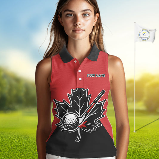 Black and Red maple leaf Women sleeveless golf polos custom patriotic Canadian Flag ladies golf attire NQS9993