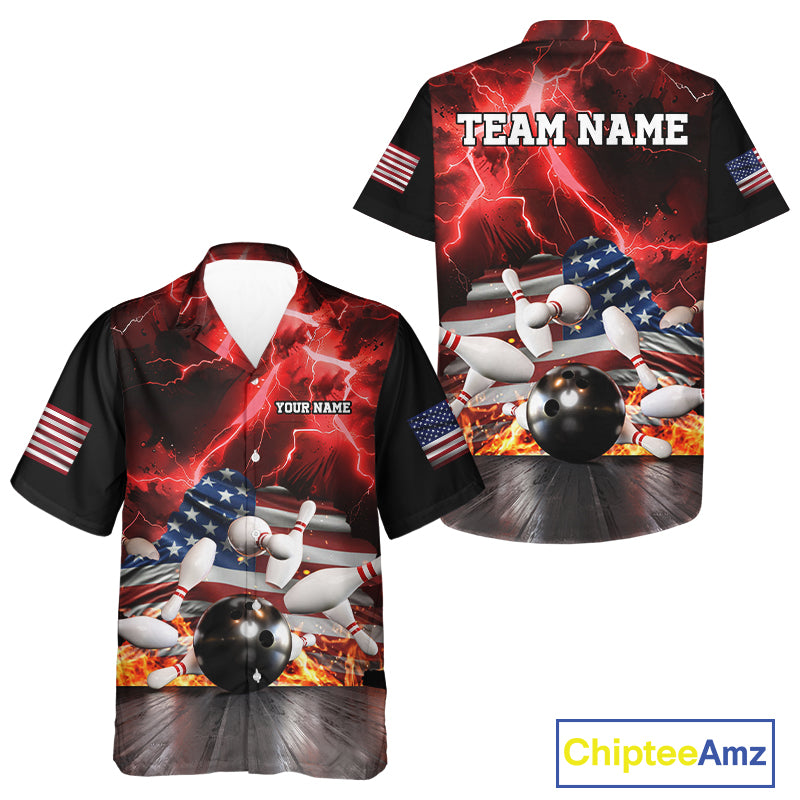 Red Lightning thunder storm American Flag Bowling Hawaiian Shirt Custom Bowling Team League Jerseys NQS10290