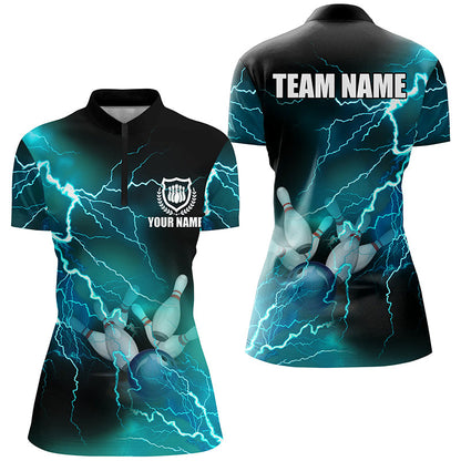 Women bowling shirts Custom cyan blue lightning thunder Bowling Team Jersey, gift for team Bowlers NQS8316