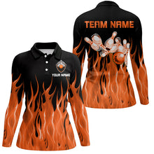 Load image into Gallery viewer, Personalized Women Polo, 1/4 Zip Bowling Shirt Orange Flame Bowling Ball Pin bowling jersey for Bowler NQS8518