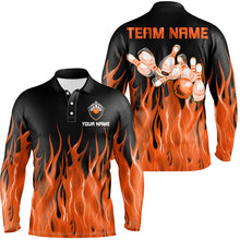 Load image into Gallery viewer, Personalized Men Polo, 1/4 Zip Bowling Shirt Orange Flame Bowling Ball Pins bowling jersey for Bowler NQS8518