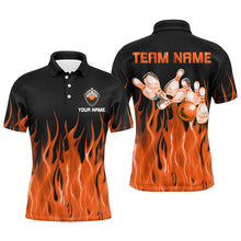 Load image into Gallery viewer, Personalized Men Polo, 1/4 Zip Bowling Shirt Orange Flame Bowling Ball Pins bowling jersey for Bowler NQS8518