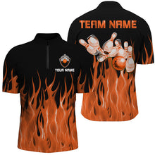 Load image into Gallery viewer, Personalized Men Polo, 1/4 Zip Bowling Shirt Orange Flame Bowling Ball Pins bowling jersey for Bowler NQS8518