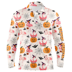 Funny Men golf polo shirt custom Halloween pumpkin flamingo pattern shirt, Halloween golf outfit NQS8519