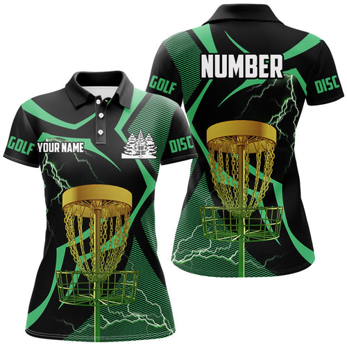 Black green Womens disc golf polo shirts custom lightning thunder disc golf basket, frisbee golf gifts NQS8520