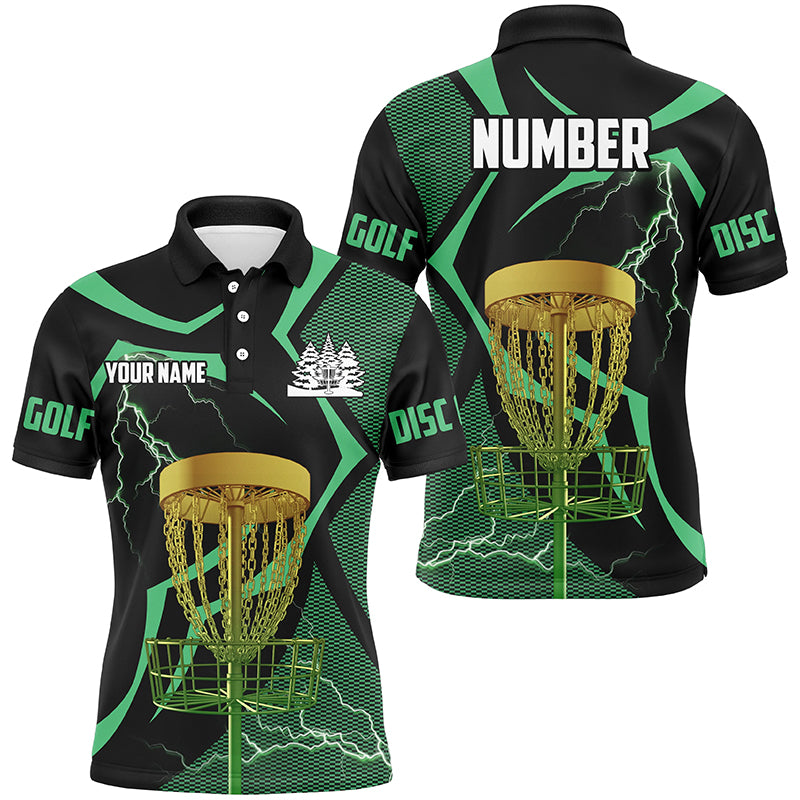 Black and green Men disc golf polo shirt custom lightning thunder disc golf basket, frisbee golf gifts NQS8520