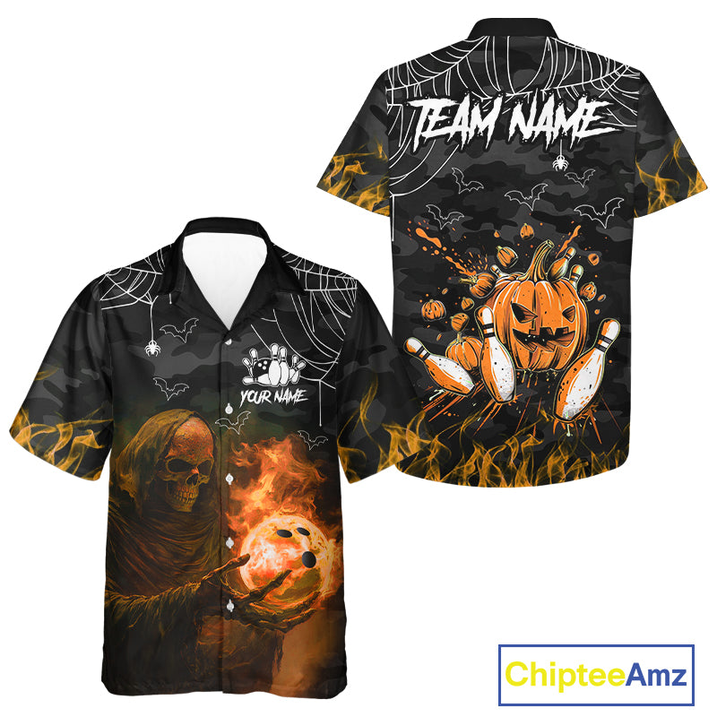 Black Bowling Camo Orange flame Skull Custom Halloween Bowling Hawaiian Shirt, Bowling Team Jerseys NQS10705