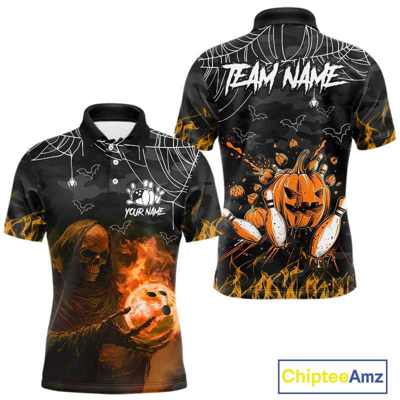 Black Bowling Camo Orange flame Skull Custom Halloween Bowling Shirts For Men, Bowling Team Jerseys NQS10705