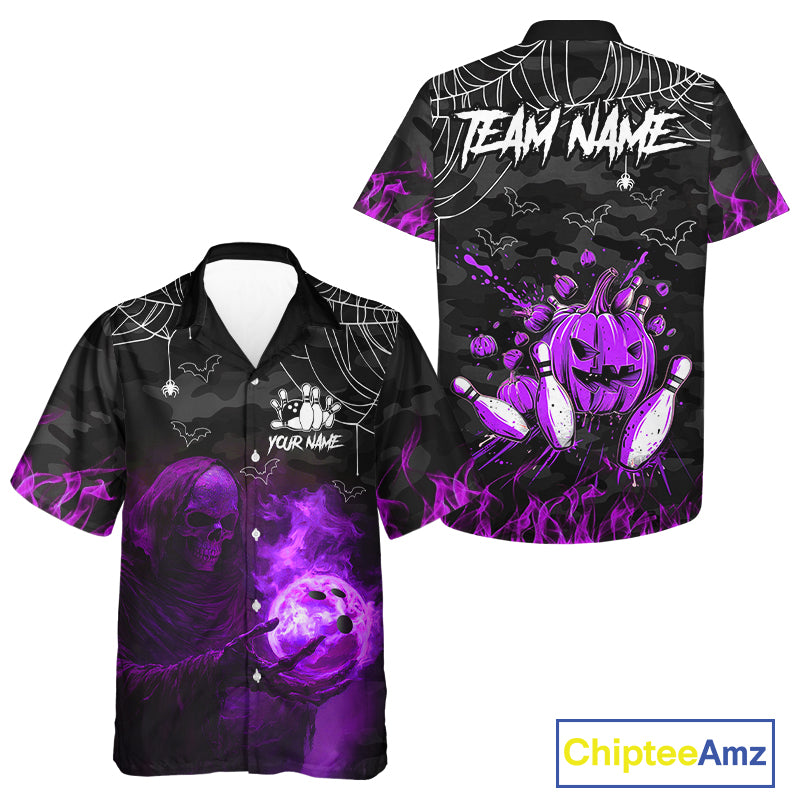 Black Bowling Camo Purple flame Skull Custom Halloween Bowling Hawaiian Shirt, Bowling Team Jerseys NQS10706